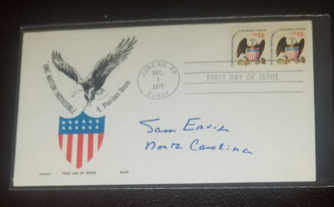 LONG TIME NORTH CAROLINA SENATOR SAM ERVING HAND SIGNED FDC FIRST DAY COVER D.1985