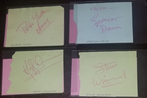 4X SPENCER DAVIS GROUP AUTOGRAPH LOT SPENCER DAVIS STEVE WINWOOD MUFF WINWOOD AND PETER YORK HAND SIGNED PAGES