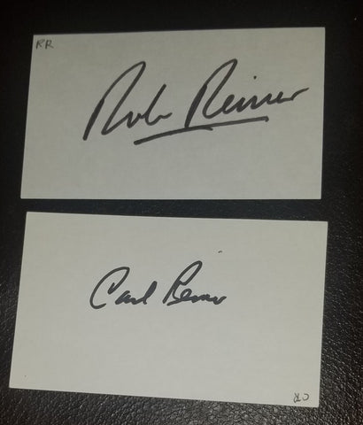 2x COMEDY LEGENDS FATHER AND SON CARL AND ROB REINER HAND SIGNED CARDS