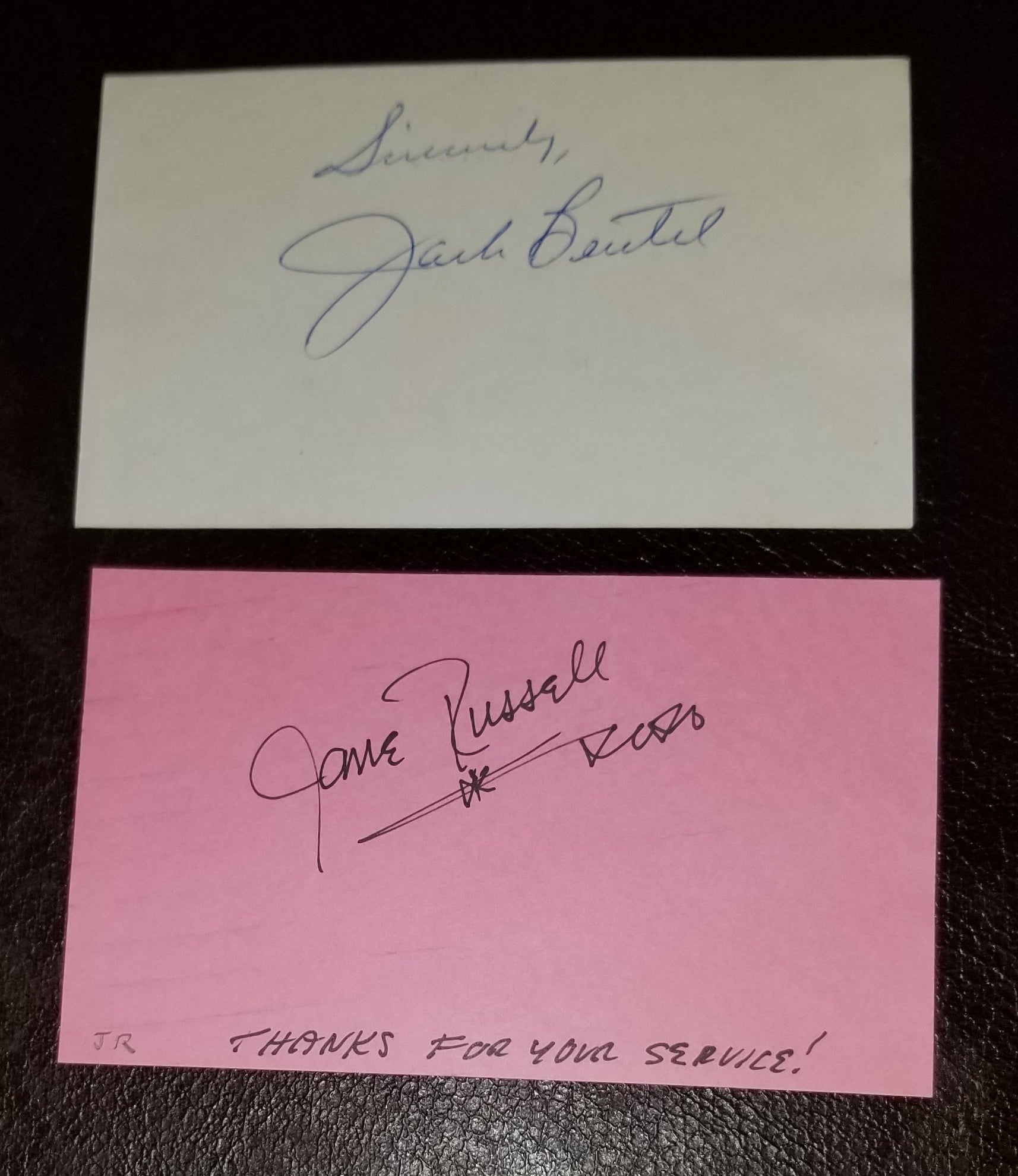 2X THE OUTLAW AUTOGRAPH LOT JANE RUSSELL AND JACK BEUTEL HAND SIGNED CARDS