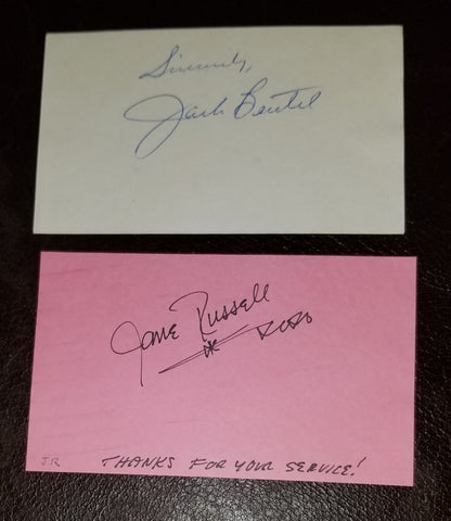 2X THE OUTLAW AUTOGRAPH LOT JANE RUSSELL AND JACK BEUTEL HAND SIGNED CARDS