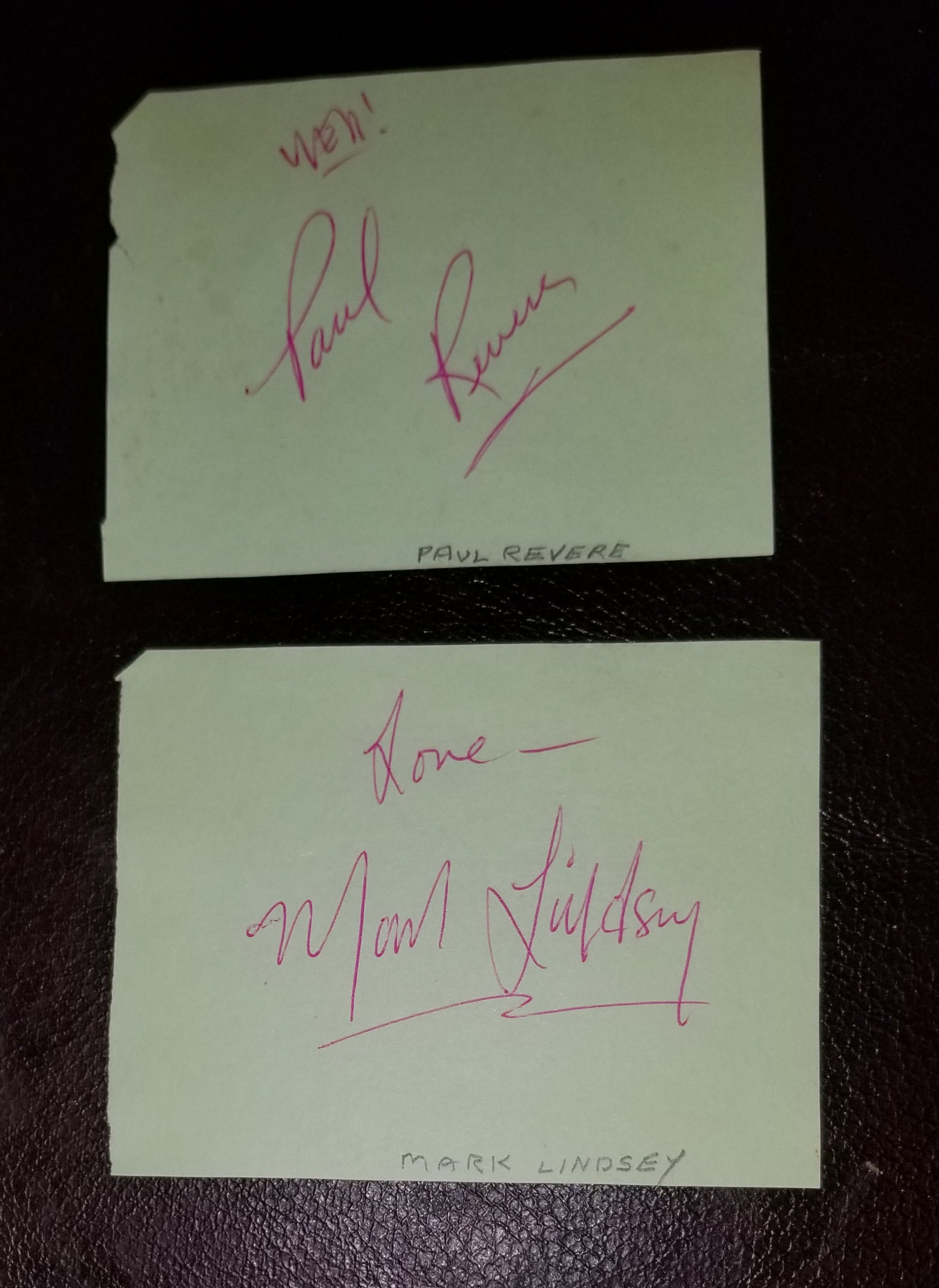 2X PAUL REVERE AND THE RAIDERS AUTOGRAPH LOT PAUL REVERE AND MARK LINDSAY HAND SIGNED PAGES