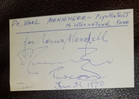 AMERICAN PSYCHIATRIST DR. KARL MENNINGER HAND SIGNED CARD D.1990