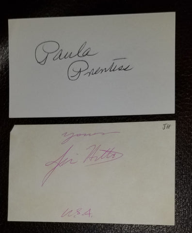 ELLERY QUEEN AUTOGRAPH LOT STARS JIM HUTTON (D.1979) AND PAULA PRENTISS HAND SIGNED CARDS