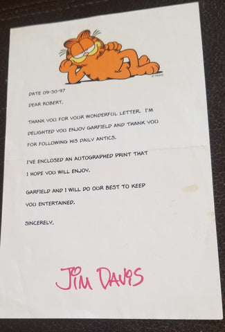 GARFIELD CREATOR JIM DAVIS HAND SIGNED LETTER