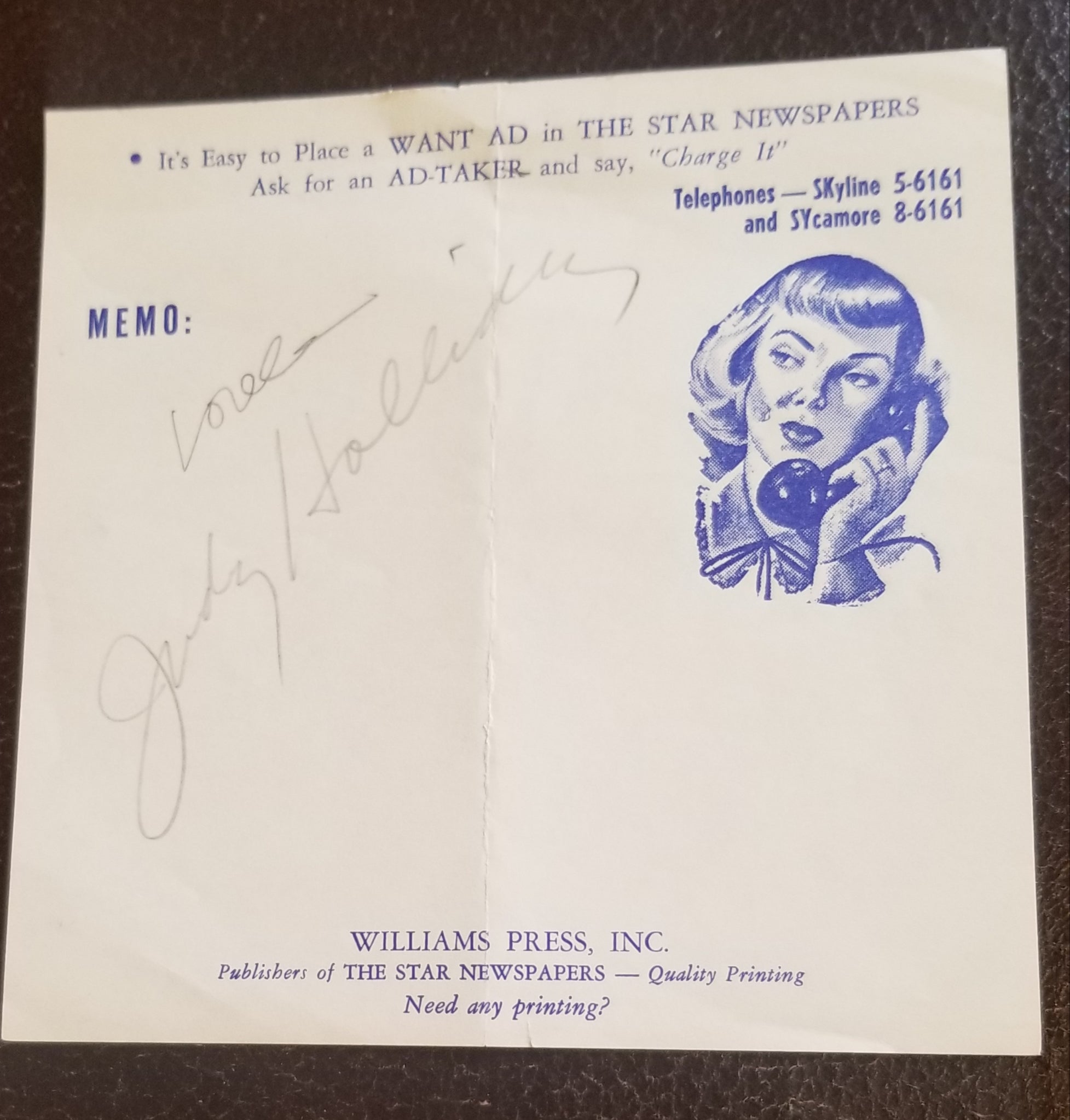 ACTRESS COMEDIAN JUDY HOLLIDAY HAND SIGNED PAGE D.1965