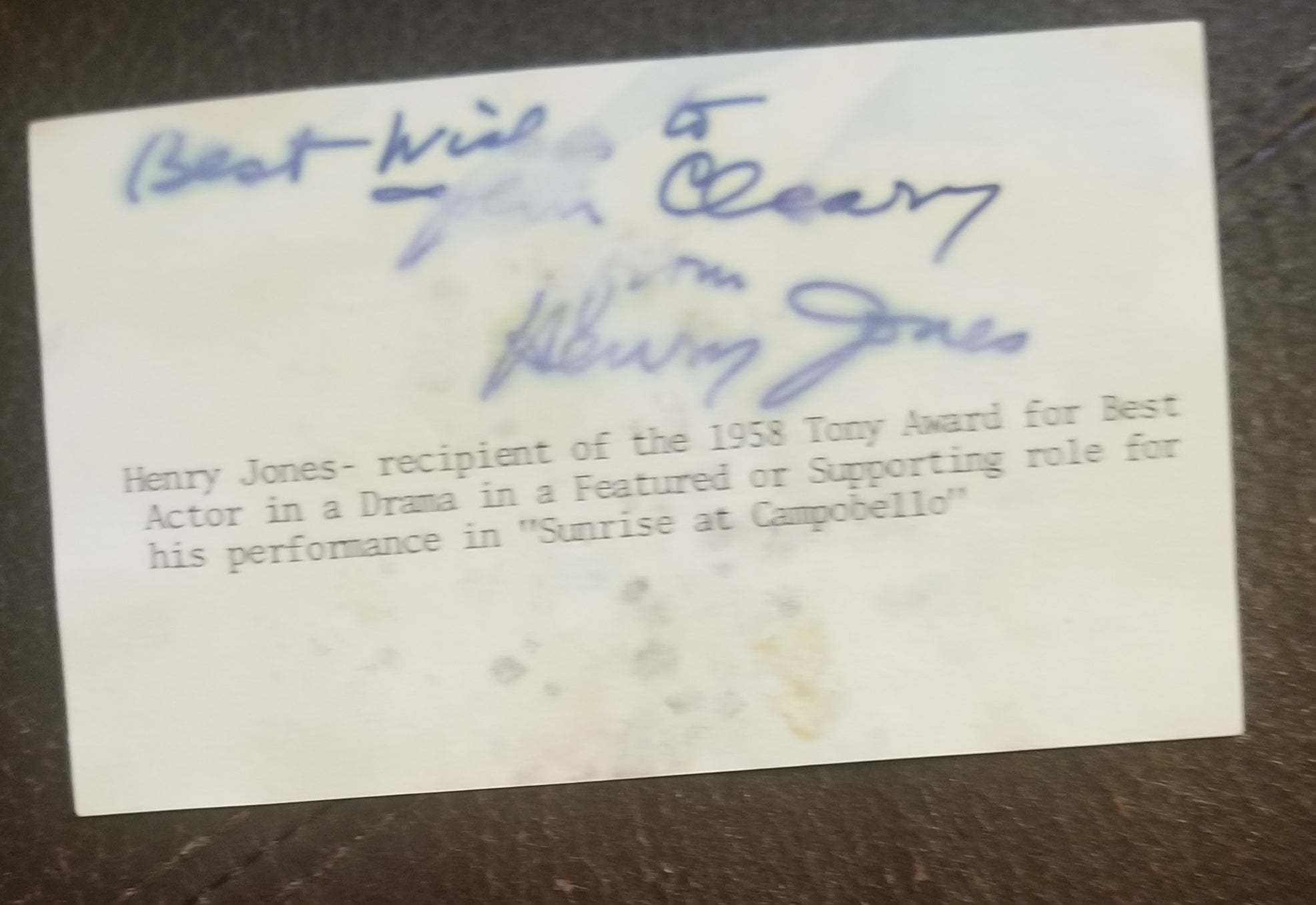 ACTOR HENRY JONES HAND SIGNED CARD D.1999