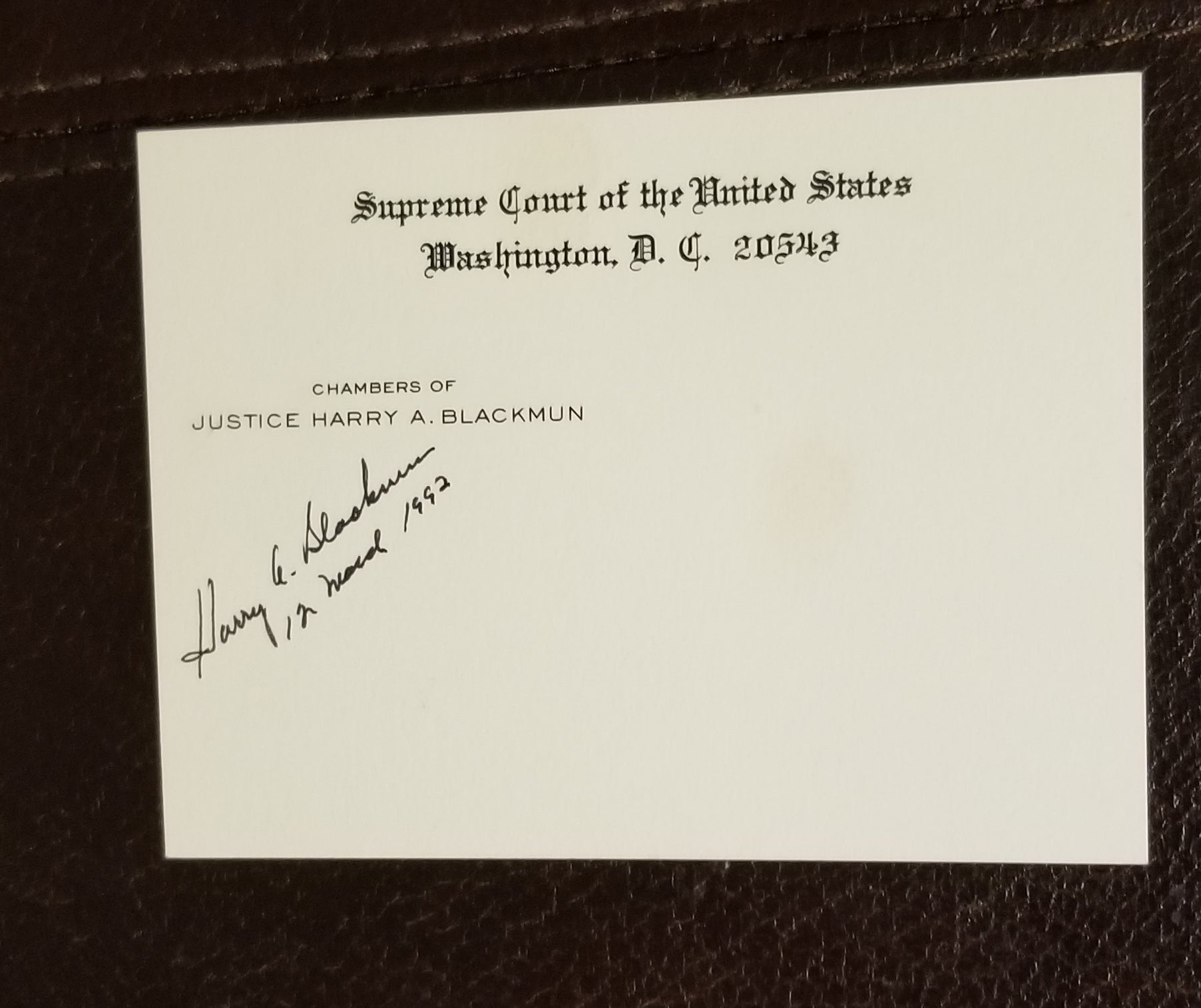 SUPREME COURT JUSTICE HARRY BLACKUM HAND SIGNED SUPREME COURT CARD D.1999