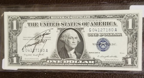 WAR HERO TURNED ACTOR AUDIE MURPHY HAND SIGNED ONE DOLLAR SILVER CERTIFICATE BILL D.1971