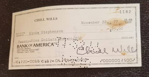 ACTOR SINGER CHILL WILLS HAND SIGNED CHECK D.1978