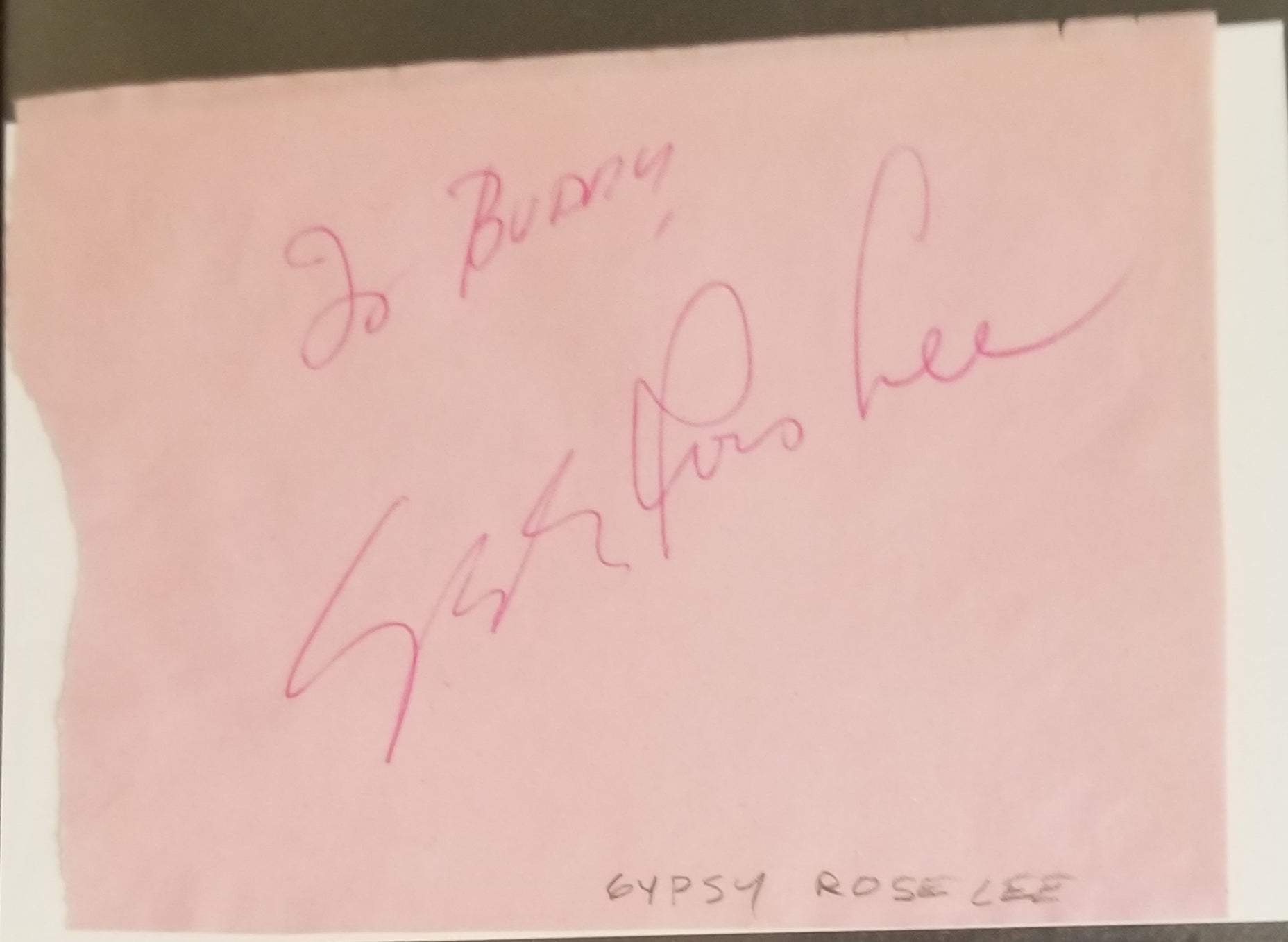 BURLESQUE ENTERTAINER GYPSY ROSE LEE HAND SIGNED PAGE D.1970