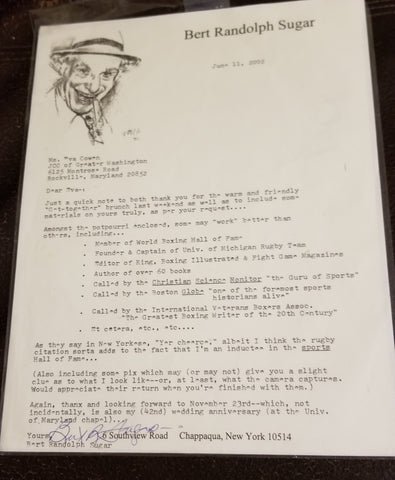 BOXING WRITER BERT RANDOLPH SUGAR HAND SIGNED TYPE LETTER ON HIS PETSONAL STATIONARY D.2012