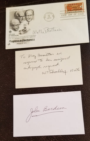 NOBEL PRIZE WINNING SCIENTISTS JOHN BARDEEN (D.1991) WILLIAM SCHOCKLEY (D.1989) AND WALTER BRATTAIN (D.1987) AUTOGRAPHS TRANSISTOR INVENTION