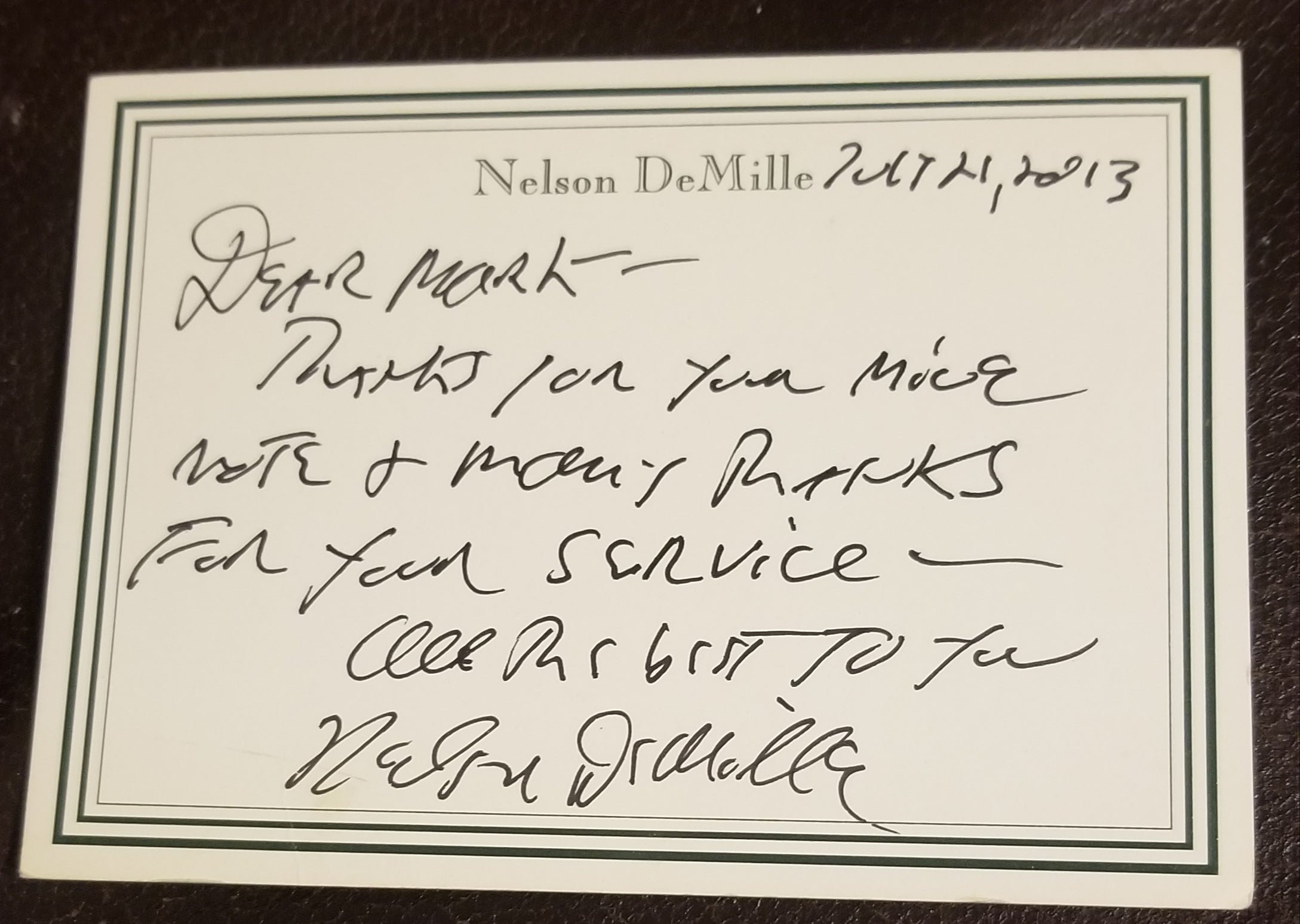 ADVENTURE AUTHOR NELSON DEMILLE HAND WRITTEN AND SIGNED NOTE CARD