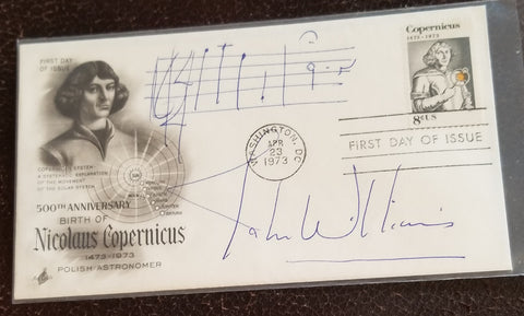 COMPOSER CONDUCTOR JOHN WILLIAMS HAND SIGNED FDC FIRST DAY WITH MUSICAL QUOTE FROM CLOSE ENCOUNTERS