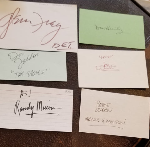 6X THE EAGLES AUTOGRAPH LOT GLENN FREY DON HENLEY JOE WALSH DON FELDER RANDY MEISSNER AND BERNIE LEADON HAND SIGNED CARDS