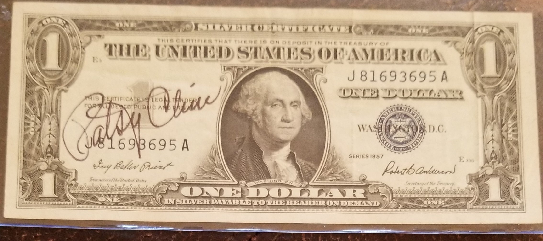 RARE COUNTRY MUSIC LEGEND PATSY CLINE HAND SIGNED 1957 SILVER CERTIFICATE ONE DOLLAR BILL D.1963