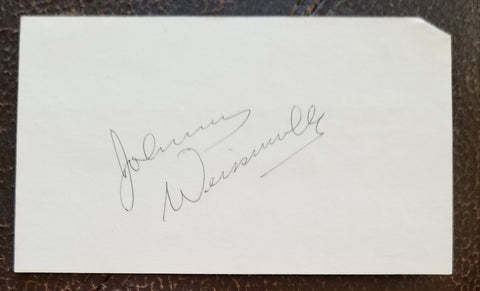 OLYMPIC SWIMMING CHAMPION AND TARZAN ACTOR JOHNNY WEISSMULLER HAND SIGNED CARD D.1984