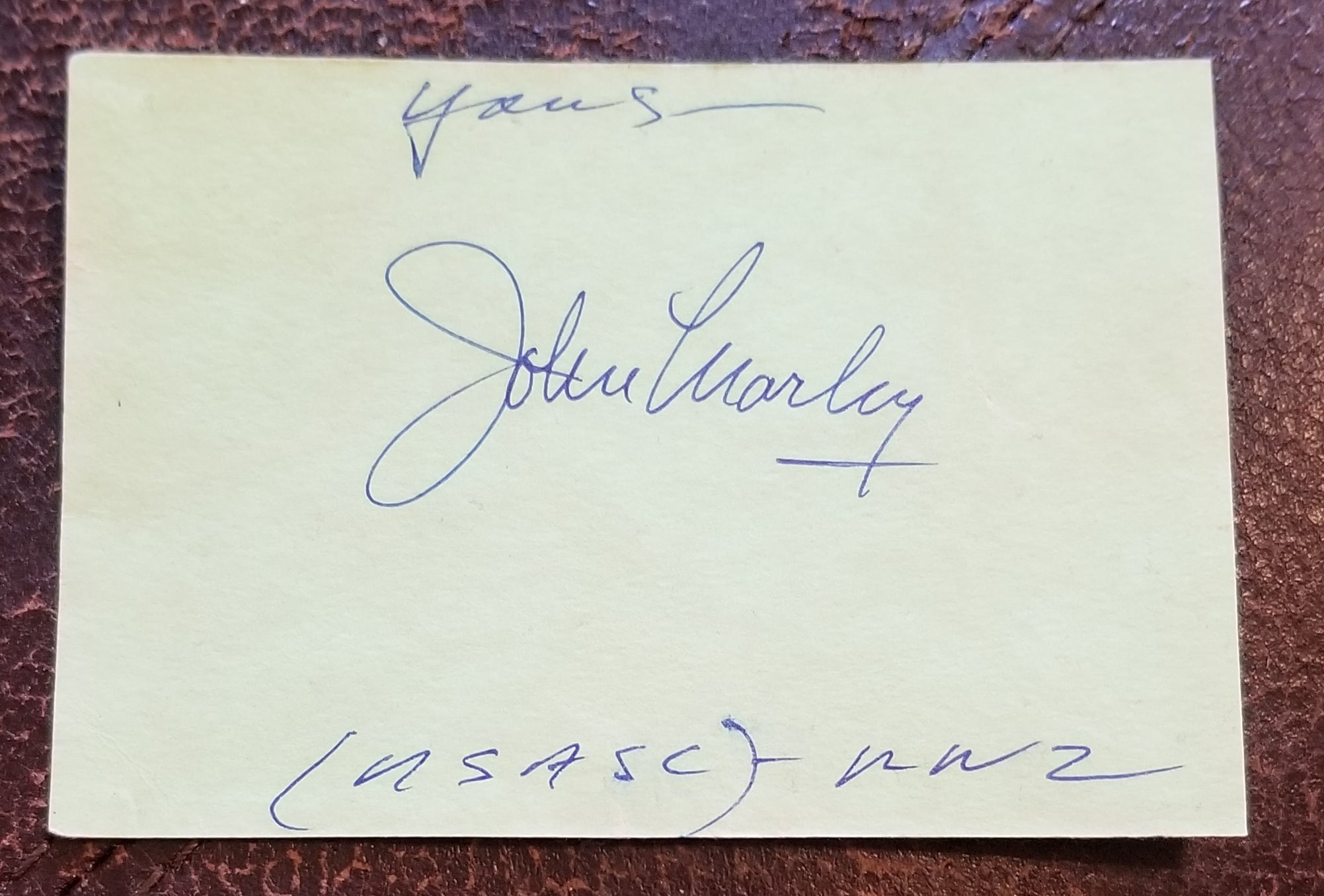 LONG TIME ACTOR AND GODFATHER ACTOR JOHN MARLEY HAND SIGNED CARD D.1984