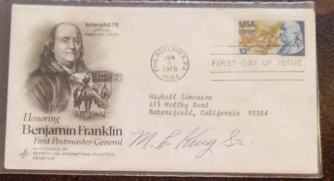 AMERICAN BAPTIST PASTOR MARTIN LUTHER KING SR. HAND SIGNED FDC FIRST DAY COVER D.1984