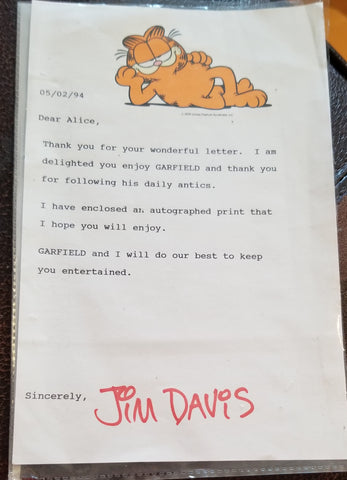 GARFIELD CARTOONIST JIM DAVIS HAND SIGNED FAN LETTER