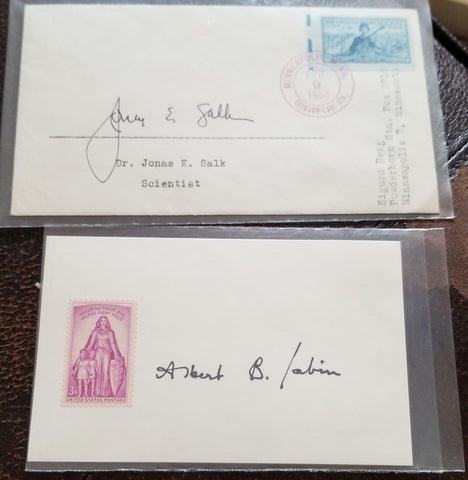 VINTAGE AUTOGRAPHS POLIO VACCINE CREATORS JONAS SALK (D.1995)AND ALBERT SABIN (D.1993)  HAND SIGNED ITEMS