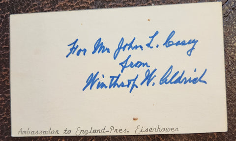 AMBASSADOR TO ENGLAND AND BUSINESS SCION WINTHROP ALDRICH HAND SIGNED CARD D.1974