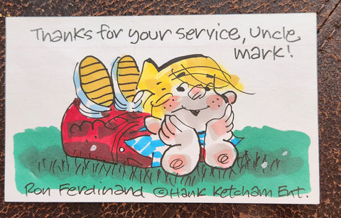 "DENNIS THE MENANCE" CARTOONIST RON FERDINAND HAND DRAWN AND SIGNED DENNIS INDEX CARD