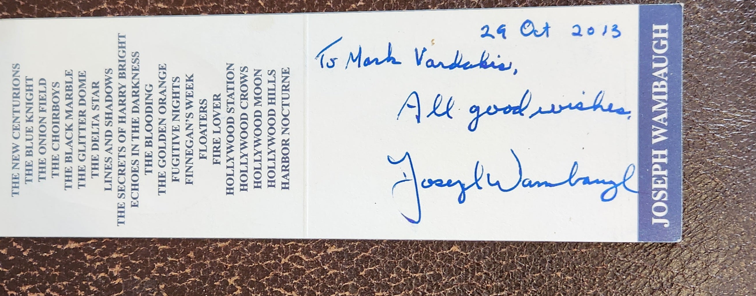 POLICE FICTION WRITER JOSEPH WAMBAUGH HAND SIGNED BOOKMARK