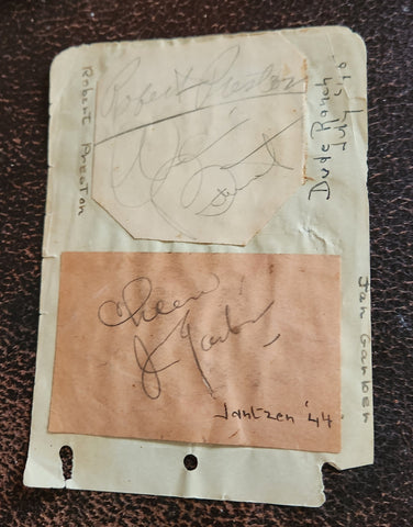 VINTAGE 2 SIDED AUTOGRAPH PAGE ROBERT PRESTON D.1987 K.T. STEVENS  D.1994 AND JAN GARBER D.1977