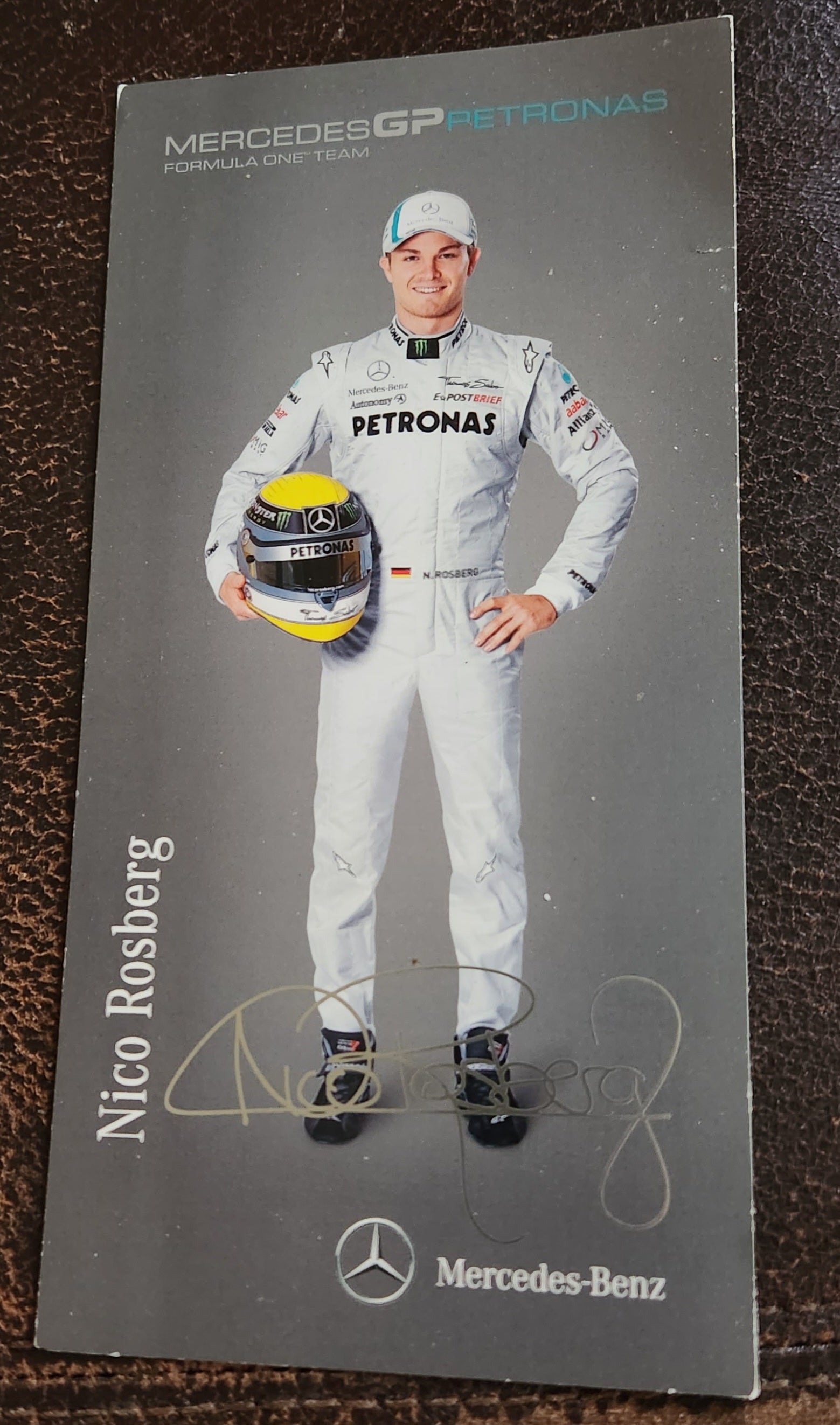 F-1 RACING GREAT NICO ROSBERG HAND SIGNED 5X10" MERCEDES ADVERTISING CARD