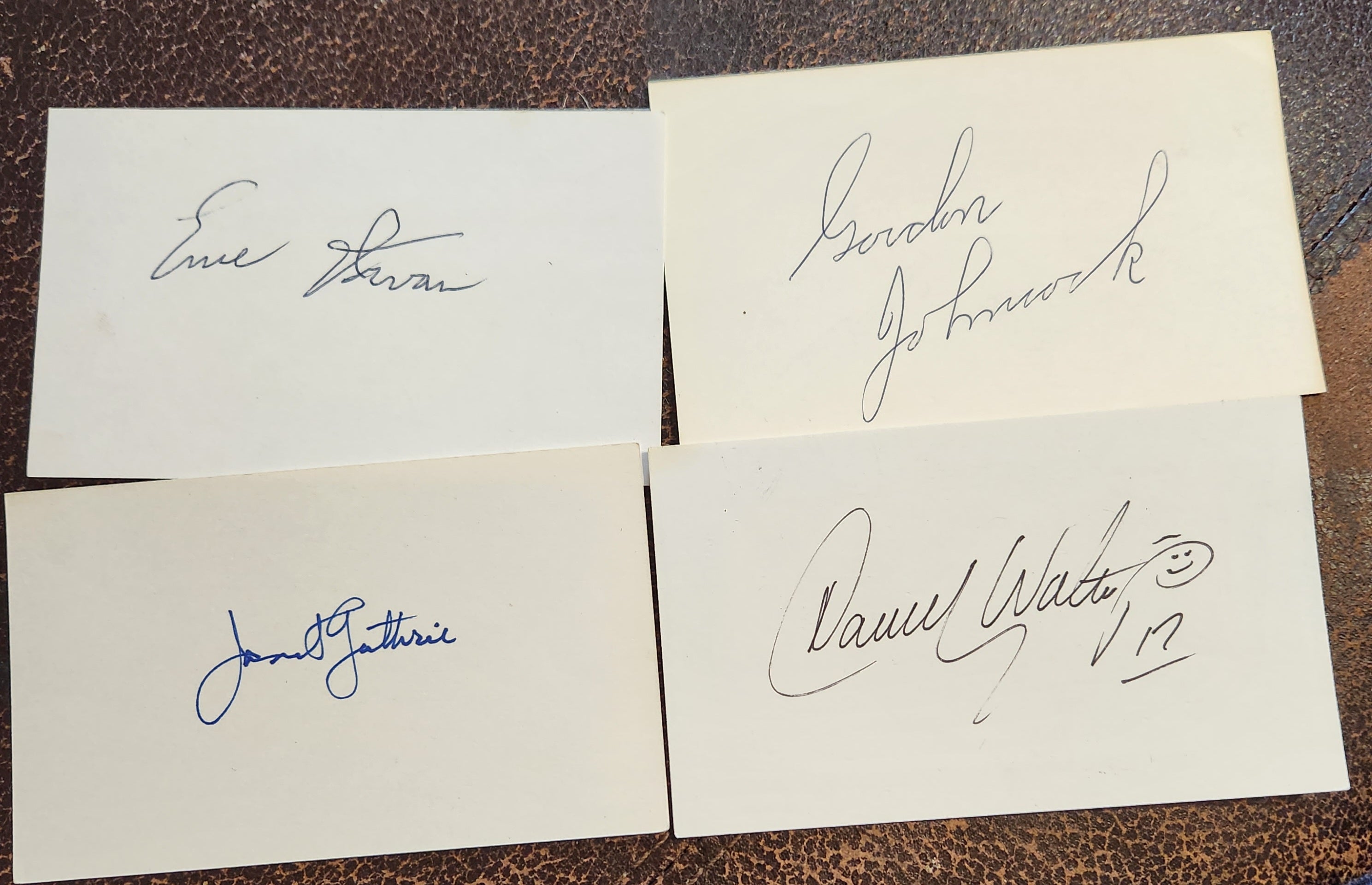 4X RACING STARS HAND SIGNED CARDS GORDON JOHNCOCK ERNIE IRVAN DARRELL WALTRIP AND JANET GUTHRIE