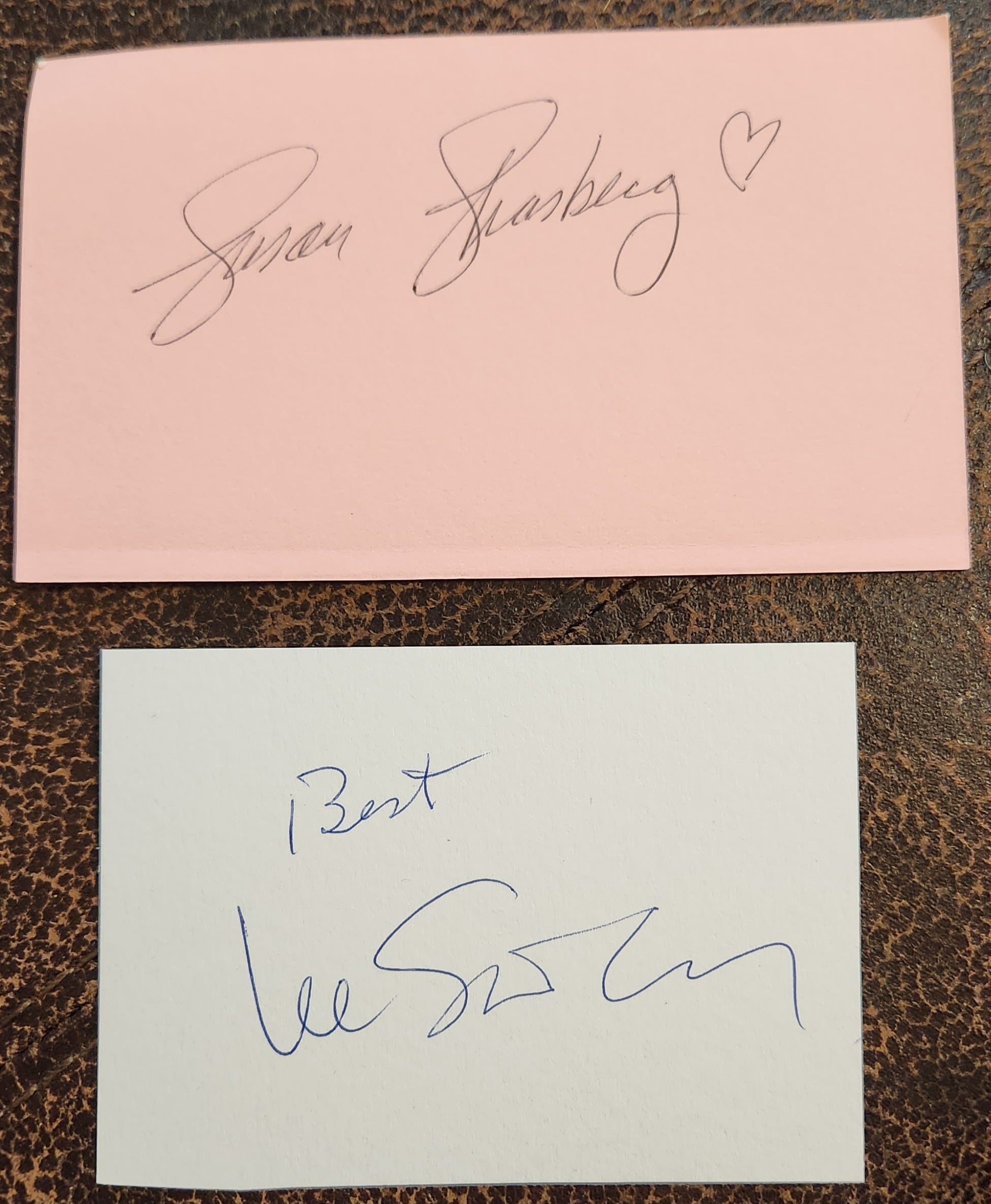 ACTING LEGENDS FATHER AND DAUGHTER LEE AND SUSAN STRASBERG HAND SIGNED CARDS