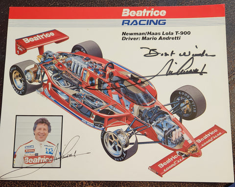 RACING LEGEND MARIO ANDRETTI HAND SIGNED 8X10 BEATRICE RACING CARD